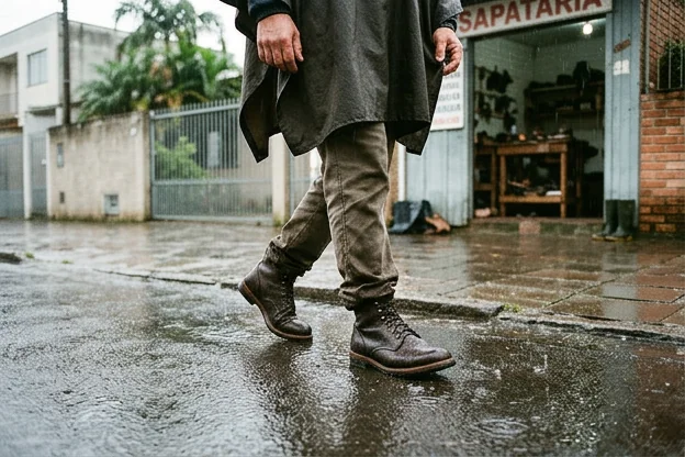 Pessoa caminhando na chuva com calçados impermeabilizados.