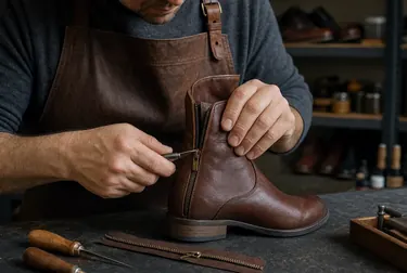 Sapateiro reparando o zíper de uma bota.