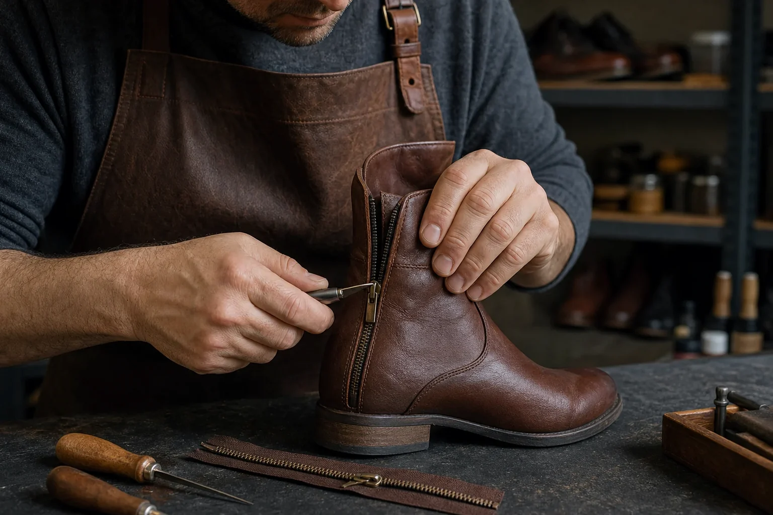 Sapateiro reparando o zíper de uma bota.