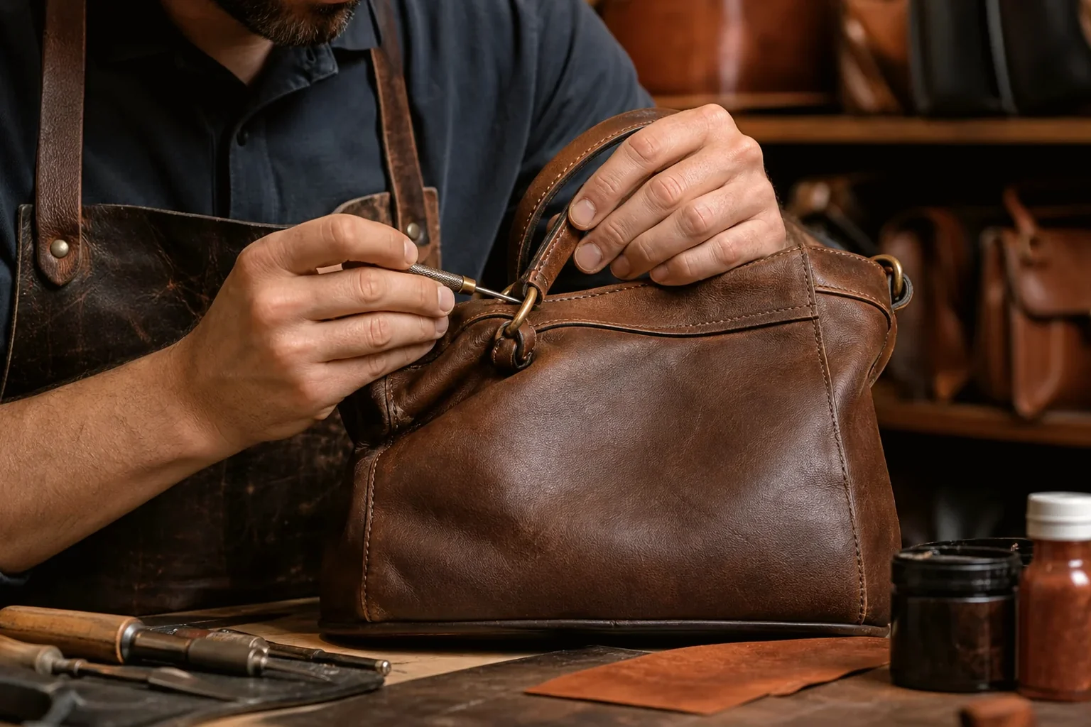 Sapateiro trabalhando na reforma de uma bolsa de couro.